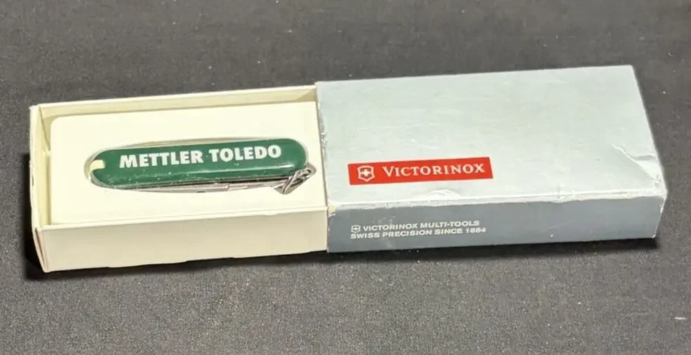 🚨 VINTAGE VICTORINOX METTLER TOLEDO Green Swiss Army Knife In Orig Box 🔪